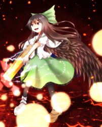 Rule 34 | 1girl, arm cannon, asymmetrical footwear, bird wings, black pantyhose, bow, brown eyes, brown footwear, brown hair, brown wings, cape, chitose hachi, collared shirt, commentary request, control rod, electricity, embers, fire, frilled shirt collar, frilled skirt, frills, full body, green bow, green skirt, hair bow, highres, long hair, looking afar, medium bangs, mismatched footwear, open mouth, pantyhose, puffy short sleeves, puffy sleeves, radiation symbol, reiuji utsuho, shirt, shoes, short sleeves, single shoe, skirt, smile, solo, standing, third eye, touhou, very long hair, weapon, white cape, white shirt, wings