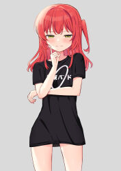 Rule 34 | 1girl, absurdres, ao (flowerclasse), black shirt, blush, bocchi the rock!, closed mouth, clothes writing, commentary request, cowboy shot, green eyes, grey background, highres, kita ikuyo, long hair, no pants, one side up, red hair, shirt, short sleeves, simple background, smile, solo