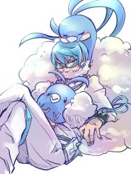 Rule 34 | 10s, 1a2i1y2, 1boy, altaria, bad id, bad pixiv id, blue eyes, blue hair, blush, closed eyes, covered mouth, creatures (company), crossed legs, crossover, evolutionary line, fur trim, game freak, gen 3 pokemon, glasses, inumuta houka, kill la kill, leaning on person, looking at viewer, nintendo, pokemon, pokemon (creature), sitting, sleeping, swablu