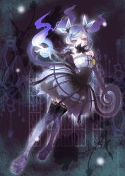 Rule 34 | 1girl, bare shoulders, blue fire, blue hair, boots, chandelure, dress, elbow gloves, fire, gloves, gradient hair, highres, kanzaki naoya, lace, multicolored hair, personification, platform footwear, pokemon, purple hair, solo, thigh boots, thighhighs, yellow eyes