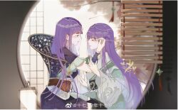 Rule 34 | 2girls, artist request, asymmetrical sleeves, blush, closed mouth, dress, dual persona, expressionless, from side, green dress, hair ornament, hairpin, highres, lantern, long hair, multiple girls, purple dress, purple hair, qinshi mingyue, round window, second-party source, shao siming (qin shi ming yue), upper body, veil, window, windowsill