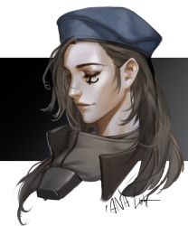 Rule 34 | 1girl, aged down, ana (overwatch), bad id, bad twitter id, beret, black hair, captain amari, character name, closed eyes, dark-skinned female, dark skin, facial mark, facial tattoo, hat, highres, lips, long hair, lsr, military, military uniform, mother and daughter, nessie (ni  t), nose, official alternate costume, overwatch, overwatch 1, parted lips, portrait, signature, smile, solo, tattoo, uniform