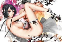 Rule 34 | 1girl, apt, arms up, bare shoulders, between legs, black hair, black nails, bottomless, breasts, cape, closed mouth, expressionless, frills, from side, full body, hair ribbon, hand between legs, highres, bridal garter, legs up, looking afar, looking to the side, lying, medium breasts, nail polish, on back, original, prosthesis, prosthetic leg, purple eyes, ribbon, short hair, sideboob, solo, white cape