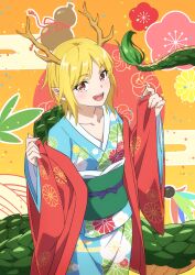 Rule 34 | 1girl, blonde hair, blue kimono, blush, check commentary, commentary request, dragon horns, dragon tail, egasumi, gyouza (mhea5724), haori, highres, horns, japanese clothes, kicchou yachie, kimono, long sleeves, obi, obijime, open mouth, pointy ears, red eyes, red haori, sash, short hair, smile, solo, tail, touhou, wide sleeves, yellow horns