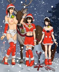 Rule 34 | 3girls, artist request, bell, neck bell, black hair, boots, bow, bow panties, breasts, brown eyes, brown hair, choker, christmas, collar, condom wrapper, detached collar, detached sleeves, dildo, frilled panties, frills, garter belt, grey panties, hat, high heel boots, high heels, highres, knees together feet apart, large breasts, lips, looking at viewer, medium breasts, mother and daughter, multiple girls, navel, nipples, original, panties, panties only, ponytail, pubic hair, reindeer, sack, santa costume, santa hat, sex toy, sidelocks, small breasts, snow, syringe, topless, twintails, underwear, underwear only, v, vibrator, whip, wrist cuffs