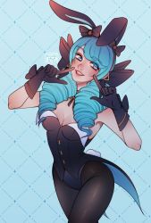 Rule 34 | 1girl, alternate costume, animal ears, bare shoulders, black bow, black gloves, black pantyhose, blush, bow, bowtie, breasts, cleavage, cowboy shot, detached collar, fake animal ears, gloves, green eyes, green hair, grin, gwen (league of legends), hair bow, hands up, highres, large breasts, league of legends, leotard, long hair, looking at viewer, medium breasts, pantyhose, playboy bunny, poposhirat, rabbit ears, rabbit tail, shiny clothes, smile, solo, strapless, strapless leotard, tail, teeth, wrist cuffs