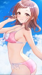 Rule 34 | 1girl, arched back, ass, bare arms, bare shoulders, bikini, blush, bow, bow bikini, breasts, brown eyes, brown hair, cleavage, cloud, collarbone, cowboy shot, day, fingernails, from side, hand up, highres, holding, holding own hair, idolmaster, idolmaster shiny colors, long hair, looking at viewer, looking to the side, medium breasts, outdoors, parted lips, pink bikini, plaid, plaid bikini, pn (wnsl216), sakuragi mano, side-tie bikini bottom, sideboob, smile, solo, standing, strap gap, swept bangs, swimsuit, water drop, white bow