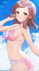 1girl arched_back ass bare_arms bare_shoulders bikini blush bow bow_bikini breasts brown_eyes brown_hair cleavage cloud collarbone cowboy_shot day fingernails from_side hand_up highres holding holding_own_hair idolmaster idolmaster_shiny_colors long_hair looking_at_viewer looking_to_the_side medium_breasts outdoors parted_lips pink_bikini plaid_bikini plaid_clothes pn_(wnsl216) sakuragi_mano side-tie_bikini_bottom sideboob smile solo standing strap_gap swept_bangs swimsuit water_drop white_bow