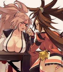 Rule 34 | 2girls, arm wrestling, ass, baiken, breasts, brown hair, chinese clothes, cleavage, collarbone, commentary request, eyepatch, facial mark, frills, guilty gear, guilty gear xrd, hair ornament, hairclip, jako (toyprn), japanese clothes, kuradoberi jam, large breasts, long hair, multiple girls, one-eyed, open mouth, panties, pink hair, ponytail, skirt, striped clothes, striped panties, table, thighs, underwear
