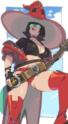 Rule 34 | belt, black hair, boots, breasts, cleavage, electric guitar, fingerless gloves, gloves, green-tinted eyewear, green-tinted glasses, guilty gear, guilty gear strive, guitar, hat, highres, i-no, instrument, jacket, panties, red jacket, red lips, red panties, red thighhighs, short hair, solo, starhump, sunglasses, thigh boots, thighhighs, tinted eyewear, underwear, venus symbol, witch hat