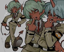 2boys :o armband black_armband blue_hair blush brothers collared_shirt colored_skin cowboy_shot crossed_arms demon_boy demon_tail dress_pants formal_clothes full_body furrowed_brow genderswap genderswap_(ftm) glasses green_hair grey_background grin hand_on_own_chin highres holding holding_whip horns kneesocks_(psg) male_focus multiple_boys multiple_views musical_note narrowed_eyes necktie panty_&amp;_stocking_with_garterbelt pointing pointing_at_self pointy_ears raised_eyebrow rectangular_eyewear red_necktie red_skin scanty_(psg) sharp_teeth shirt short_hair siblings simple_background single_horn smile suit tail teeth tonkatsu184 white_nails yellow_eyes