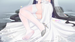 Rule 34 | 1girl, azur lane, backless dress, backless outfit, black hair, cocktail dress, dated, dress, evening gown, feet, garter straps, head out of frame, highres, legs, long hair, lying, official alternate costume, on side, outdoors, satin dress, see-through, see-through dress, silver footwear, sleeveless, sleeveless dress, solo, taihou (azur lane), taihou (temptation on the sea breeze) (azur lane), thighhighs, thighs, very long hair, water, wedding dress, white dress, white garter straps, white thighhighs, xiao shi lullaby