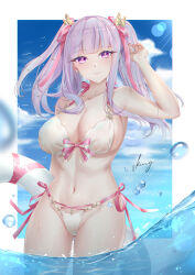 Rule 34 | 1girl, absurdres, azur lane, bare shoulders, bikini, blue hair, blunt bangs, bow, breasts, chinese commentary, cleavage, closed mouth, cloud, hair ornament, hand up, highres, holding, holding swim ring, innertube, large breasts, long hair, looking at viewer, multicolored hair, nail polish, navel, official alternate costume, outside border, pink bow, plymouth (azur lane), plymouth (heart-throbbing refreshment) (azur lane), purple eyes, purple hair, see-through, side-tie bikini bottom, signature, sking, sky, smile, solo, streaked hair, swim ring, swimsuit, twintails, water, wet, white bikini
