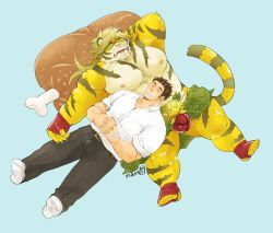 Rule 34 | 2boys, animal ears, bara, bare pectorals, belly, black pants, blonde hair, bulge, fangs, fingerless gloves, food, full body, furry, furry male, furry with furry, gakei3, gloves, large pectorals, macan (housamo), male focus, meat, multiple boys, muscular, muscular male, nipples, oversized food, oversized object, own hands together, pants, partially unbuttoned, pectorals, plump, protagonist 3 (housamo), shirt, short hair, sideburns, sleeping, sleeping on person, socks, thick eyebrows, tiger boy, tiger ears, tokyo houkago summoners, white shirt, yellow fur