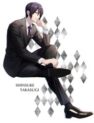 Rule 34 | 1boy, black hair, black suit, brown eyes, character name, checkered background, cma cmakuma, dress shoes, formal, full body, gintama, hair between eyes, hair over one eye, highres, necktie, parted lips, pinstripe pattern, pinstripe suit, plaid necktie, short hair, sitting, solo, striped, suit, takasugi shinsuke, tie clip, watch, wristwatch
