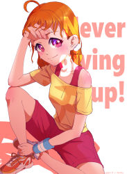 Rule 34 | 1girl, absurdres, aqua wristband, artist name, artist request, bare legs, bare shoulders, blush, bow, braid, breasts, collarbone, female focus, full body, hair ornament, hair scrunchie, highres, leg up, looking at viewer, love live!, love live! school idol festival, love live! sunshine!!, off-shoulder shirt, off shoulder, orange footwear, orange hair, pants, parted lips, red eyes, red pants, red shirt, scrunchie, senkun, shirt, shoes, short hair, short sleeves, side braid, sitting, small breasts, smile, sneakers, solo, sweatband, sweatdrop, sweatpants, t-shirt, takami chika, undershirt, white background, yellow bow, yellow shirt