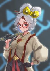 Rule 34 | 1girl, absurdres, alternate costume, black gloves, blurry, blurry background, blush, breasts, cleavage, closed mouth, commentary request, cowboy shot, gloves, goggles, goggles on head, grey hair, hair bun, hand on own hip, highres, holding, holding smoking pipe, jacket, lanthan, medium breasts, nintendo, open mouth, princess zelda, purah, red-framed eyewear, round eyewear, sheikah, smoking pipe, solo, the legend of zelda, the legend of zelda: tears of the kingdom, white jacket