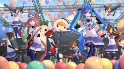 Rule 34 | 6+girls, :d, @ @, ahoge, amplifier, animal ears, aqua hair, arm up, aston machan (umamusume), balloon, black shirt, blue eyes, blue hair, blue sky, bob cut, bow, brown hair, cabbie hat, cable, closed eyes, commentary, concert, confetti, crossed bangs, daitaku helios (umamusume), day, drum, drum set, drumsticks, ear covers, ear ornament, ears through headwear, english commentary, feet out of frame, giant, giantess, glasses, green-framed eyewear, guitar, hair bow, hair bun, hand up, hat, heterochromia, highres, hishi akebono (umamusume), holding, holding bass guitar, holding cable, holding drumsticks, holding guitar, holding instrument, holding microphone, holding violin, horse ears, horse girl, horse tail, ikuno dictus (umamusume), instrument, keyboard (instrument), kimura komekami, long hair, long sleeves, looking at viewer, mandrake, matikane tannhauser (umamusume), mejiro palmer (umamusume), microphone, mixed-language commentary, multicolored hair, multiple girls, music, nice nature (umamusume), official alternate costume, open mouth, orange hair, outdoors, oversized object, parted bangs, petticoat, playing instrument, pleated skirt, ponytail, purple eyes, purple skirt, purple thighhighs, red hair, round eyewear, royce and royce (umamusume), sharp teeth, shirt, shirt under shirt, short hair, sidelocks, simple bird, single ear cover, skirt, sky, smile, sounds of earth (umamusume), stage, stage lights, streaked hair, striped bow, stuffed animal, stuffed duck, stuffed rabbit, stuffed toy, t-shirt launcher, tail, teeth, thighhighs, twin turbo (umamusume), twintails, two-tone hair, umamusume, upper teeth only, v-shaped eyebrows, violin, waving, white shirt, yellow eyes