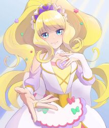 Rule 34 | 1girl, a syu z, absurdres, apron, blonde hair, blue eyes, bridal gauntlets, brooch, choker, commentary, cure finale, delicious party precure, hand on own chest, heart, heart brooch, highres, jewelry, kasai amane, long hair, magical girl, precure, sidelocks, smile, solo, tiara, white choker, wide ponytail