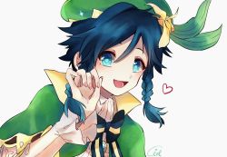 Rule 34 | 1boy, androgynous, beret, blue eyes, blue hair, bow, brooch, cape, collared cape, collared shirt, fingernails, flower, frilled sleeves, frills, gem, genshin impact, gradient hair, green hat, hair flower, hair ornament, hat, heart, jewelry, leaf, long fingernails, long sleeves, looking at viewer, male focus, multicolored hair, nekorin chu, open mouth, shirt, short hair with long locks, simple background, smile, solo, venti (genshin impact), white background, white flower, white shirt
