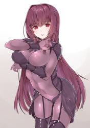 Rule 34 | 1girl, blush, bodysuit, breast hold, breasts, covered erect nipples, covered navel, fate/grand order, fate (series), gradient background, hair intakes, large breasts, long hair, looking at viewer, mitsudoue, parted lips, purple bodysuit, purple hair, red eyes, scathach (fate), simple background, solo, very long hair