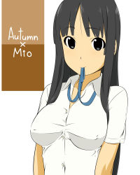 Rule 34 | 1girl, akiyama mio, alternate hairstyle, black eyes, black hair, blush, breasts, covered erect nipples, face, highres, hime cut, k-on!, long hair, looking at viewer, maria 1/2, school uniform, simple background, solo, uniform, white background