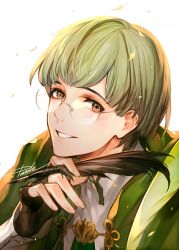 Rule 34 | 1boy, black gloves, blunt bangs, brown eyes, cape, danhu, fingerless gloves, fire emblem, fire emblem: three houses, glasses, gloves, green cape, green hair, hand up, holding, holding quill, ignatz victor, long sleeves, looking at viewer, male focus, nintendo, quill, shirt, short hair, signature, simple background, smile, solo, upper body, white background, white shirt