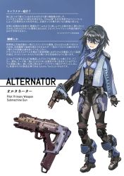 Rule 34 | 1girl, alternator, animification, black gloves, black hair, blue eyes, blue scarf, braid, capelet, eyebrow piercing, gloves, gun, highres, holding, holding gun, holding weapon, knee pads, kotone a, looking down, medium hair, open mouth, personification, piercing, scarf, smile, submachine gun, titanfall (series), titanfall 2, weapon