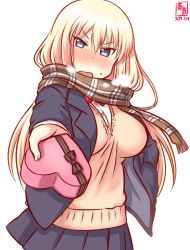 Rule 34 | 1girl, alternate costume, artist logo, bismarck (kancolle), blonde hair, blue eyes, blush, bow, bowtie, box, breasts, candy, cardigan, chocolate, chocolate heart, collared shirt, cowboy shot, dated, embarrassed, food, gift, gift box, grey jacket, grey skirt, heart, heart-shaped box, jacket, kanon (kurogane knights), kantai collection, looking at viewer, medium breasts, one-hour drawing challenge, open mouth, red ribbon, ribbon, school uniform, shirt, simple background, skirt, solo, valentine, white background, white shirt