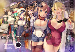 Rule 34 | &gt;:), 10s, 5girls, :d, :o, ;d, ahoge, alternate costume, armadillo-tokage, beret, black hair, blonde hair, blue eyes, blue hair, blue shorts, blurry, brand name imitation, breast press, breasts, brown gloves, brown hair, casual, cellphone, cleavage, cleavage cutout, clothing cutout, commandant teste (kancolle), covered navel, denim, denim shorts, depth of field, dress, fur trim, garter straps, gloves, hair ornament, hat, huge breasts, impossible clothes, iowa (kancolle), jacket, kantai collection, kongou (kancolle), large breasts, legs, long hair, looking at another, multicolored hair, multiple girls, nagato (kancolle), one eye closed, open mouth, outdoors, pantyhose, phone, pink dress, plaid, plaid scarf, purple eyes, red hair, saratoga (kancolle), scarf, shirt, shopping, short dress, shorts, side ponytail, side slit, smartphone, smile, snowing, streaked hair, sunglasses, suspenders, sweat, sweater, swept bangs, taut clothes, thigh gap, thighhighs, thighs, turtleneck, turtleneck sweater, v-shaped eyebrows, white hair, white shirt, white sweater