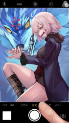 Rule 34 | 1girl, absurdres, black dress, black footwear, blue coat, boots, breasts, calligraphy brush, cellphone photo, coat, dog shadow puppet, dress, facepaint, fate/grand order, fate (series), fur-trimmed coat, fur trim, genshu doki, grey hair, hand gesture, highres, jeanne d&#039;arc alter (fate), jeanne d&#039;arc alter (ver. shinjuku 1999) (fate), jujutsu kaisen, knee boots, large breasts, lobo (fate), long sleeves, looking at viewer, mouth hold, open clothes, open coat, paintbrush, short dress, short hair, smile, thighs, wolf, yellow eyes