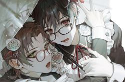 Rule 34 | 2boys, brown hair, child, crossdressing, fang, glasses, green eyes, hair between eyes, hair ornament, hato (dovecot), licking lips, looking at viewer, maid, multiple boys, open mouth, original, parasol, parted bangs, tongue, tongue out, umbrella, x hair ornament, yaoi
