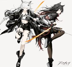 Rule 34 | 2girls, absurdres, animal ear fluff, animal ears, arknights, bandeau, black capelet, black coat, black hair, black jacket, black nails, black shorts, capelet, coat, gloves, grey background, grey eyes, hair ornament, hairclip, highres, holding, holding sword, holding weapon, jacket, kyoko (zeprii4), lappland (arknights), material growth, multiple girls, oripathy lesion (arknights), penguin logistics (arknights), red eyes, red gloves, scar, scar across eye, scar on face, shorts, strapless, sword, tail, texas (arknights), tube top, weapon, white hair, white jacket, wolf ears, wolf girl, wolf tail