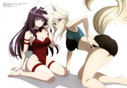 Rule 34 | 2girls, absurdres, adjusting clothes, adjusting swimsuit, all fours, animal ears, ass, bikini, blue eyes, bow, bowtie, breasts, brown hair, cleavage, detached collar, eta (kage no jitsuryokusha ni naritakute!), fake animal ears, highres, kage no jitsuryokusha ni naritakute!, large breasts, leotard, long hair, looking at viewer, magazine scan, megami magazine, multiple girls, official art, purple eyes, rabbit ears, rabbit girl, red leotard, scan, simple background, sitting, smile, swimsuit, tail, thigh strap, thighs, wariza, white background, zeta (kage no jitsuryokusha ni naritakute!)