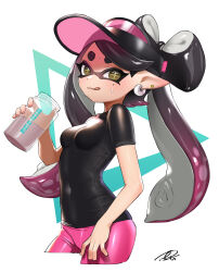 Rule 34 | 1girl, absurdres, black hair, black shirt, bottle, breasts, callie (splatoon), cephalopod eyes, commentary, covered navel, cowboy shot, earrings, highres, holding, holding bottle, inkling, jewelry, licking lips, long hair, looking at viewer, medium breasts, mole, mole under eye, multicolored hair, nintendo, plastic bottle, pointy ears, puchiman, purple hair, shiny clothes, shirt, short eyebrows, short sleeves, signature, solo, splatoon (series), sweat, tentacle hair, thick eyebrows, tongue, tongue out, triangle, visor cap, white background