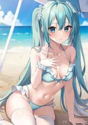 Rule 34 | 1girl, absurdres, aqua eyes, aqua hair, arm support, beach, bikini, blue bikini, blue nails, blue sky, blush, breasts, cleavage, closed mouth, cloud, collarbone, commentary request, day, frilled bikini, frills, guri (gri1211), hair between eyes, hair ornament, halterneck, hand on own chest, hatsune miku, highres, long hair, looking at viewer, medium breasts, navel, ocean, outdoors, partial commentary, revision, scrunchie, shoulder tattoo, sidelocks, signature, sitting, sky, solo, stomach, string bikini, swimsuit, tattoo, thighhighs, twintails, very long hair, vocaloid, white thighhighs, wrist scrunchie