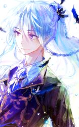 Rule 34 | 1boy, bishounen, blue hair, braid, character request, closed mouth, collared shirt, ensemble stars!, falling feathers, feathers, formal, jacket, light blue hair, long hair, looking to the side, male focus, mint5464, necktie, ponytail, purple eyes, shirt, sketch, smile, solo, upper body, white background