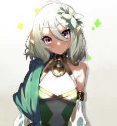 Rule 34 | 1girl, :o, absurdres, bad id, bad pixiv id, cowlick, cropped torso, detached sleeves, discoshoujo, elf, flat chest, flower, gradient background, hair between eyes, hair flower, hair ornament, highres, kokkoro (princess connect!), looking at viewer, medium hair, pointy ears, princess connect!, purple eyes, silver hair, solo, white flower