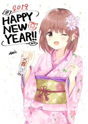 Rule 34 | 1girl, 2019, 7 calpis 7, ;d, blush, brown eyes, brown hair, chinese zodiac, commentary request, fang, fingernails, floral print, hair between eyes, happy new year, highres, holding, japanese clothes, kimono, long hair, long sleeves, looking at viewer, nengajou, new year, obi, omikuji, one eye closed, open mouth, original, pink kimono, print kimono, sash, smile, solo, wide sleeves, year of the pig