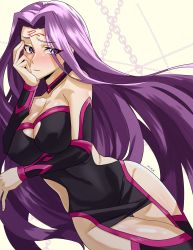 Rule 34 | 1girl, absurdres, bare shoulders, black dress, blush, boots, breasts, chain, cleavage, closed mouth, collarbone, covered navel, detached collar, dress, facial mark, fate/stay night, fate (series), female focus, forehead, forehead mark, highres, large breasts, long hair, looking at viewer, matching hair/eyes, medusa (fate), medusa (rider) (fate), mikkusushi, parted bangs, purple eyes, purple hair, short dress, simple background, solo, thigh boots, thighhighs, thighs, very long hair, white background