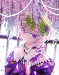 Rule 34 | 1boy, dear vocalist, flower, green hair, hair flower, hair ornament, hairclip, highres, japanese clothes, jeje (pixiv60670177), jewelry, looking at viewer, looking to the side, momochi (dear vocalist), nail polish, pale skin, purple eyes, ring, smile