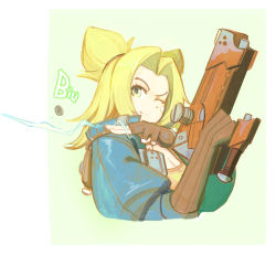Rule 34 | 1girl, absurdres, bandaid, bandaid on cheek, bandaid on face, brown gloves, cropped torso, fingerless gloves, gloves, gradient background, green hair, green jacket, gun, highres, holding, holding gun, holding weapon, jacket, lc.kid, league of legends, looking at viewer, one eye closed, parted bangs, shiny clothes, solo, twintails, weapon, white background, zeri (league of legends)