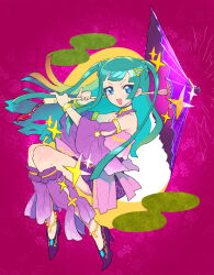 Rule 34 | 1girl, :d, bare shoulders, blue eyes, blunt bangs, blunt ends, blush, bracelet, cropped shirt, detached collar, detached sleeves, full body, gold trim, green hair, hair ornament, high heels, holding, holding umbrella, idol clothes, invisible chair, jewelry, leg warmers, long hair, looking at viewer, moudoku (decopon3rd), oil-paper umbrella, open mouth, pink background, pretty series, pripara, purple footwear, purple shirt, purple skirt, purple sleeves, shirt, sitting, skirt, smile, solo, sparkle, tsukikawa chili, two side up, umbrella, v-shaped eyebrows, wind