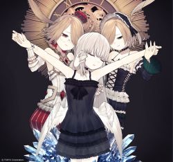 Rule 34 | 3girls, artist request, black background, black dress, character request, clock, closed eyes, cowboy shot, crown, crystar, dress, goth fashion, hair over one eye, hatada rei, highres, ice, lifting person, maid, maid headdress, mephis (crystar), mini crown, multiple girls, official art, pheles (crystar), round eyewear