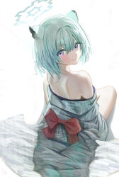 Rule 34 | 1girl, absurdres, animal ears, bath yukata, blue archive, blush, closed mouth, from behind, green hair, green halo, grey kimono, hair between eyes, halo, hidulume, highres, japanese clothes, kimono, medium hair, official alternate costume, purple eyes, shigure (blue archive), shigure (hot spring) (blue archive), simple background, smile, solo, tail, weasel ears, weasel tail, white background, yukata