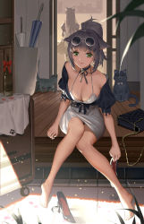 Rule 34 | 2girls, animal ears, arknights, artist name, bag, barefoot, breasts, cat, cat ears, choker, cleavage, closed mouth, collarbone, cropped jacket, dress, eyelashes, eyewear on head, furrowed brow, green eyes, grey hair, high heels, high ponytail, highres, holding, holding shoes, itoucon, jessica (arknights), large breasts, lips, lipstick, long hair, makeup, multiple girls, neck ribbon, ponytail, pumps, ribbon, shoes, unworn shoes, short dress, shoulder bag, sitting, sleeveless, sleeveless dress, smile, sunglasses, toes, umbrella, white dress, wooden floor