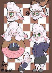 Rule 34 | 1girl, absurdres, artist request, dawn bellwether, disney, doughnut, flat color, food, full body, furry, glasses, green eyes, highres, long hair, male hand, sheep, zootopia