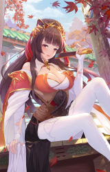 Rule 34 | 1girl, absurdres, autumn, autumn leaves, bare shoulders, black dress, blunt bangs, breasts, brown hair, cleavage, cloud, collarbone, dress, elbow gloves, gloves, hair ornament, hand fan, highres, holding, holding fan, japanese clothes, kami no kaze zero, large breasts, leaf, leg up, long hair, looking at viewer, maple leaf, multicolored clothes, multicolored dress, original, pantyhose, red dress, red eyes, sidelocks, sitting, sky, solo, tassel, white gloves, white pantyhose
