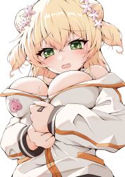 Rule 34 | 1girl, absurdres, blonde hair, blush, breasts, commentary request, double bun, fang, flower, green eyes, hair between eyes, hair bun, hair flower, hair ornament, highres, hololive, iikiroro, jacket, large breasts, long sleeves, looking at viewer, looking down, momosuzu nene, off shoulder, open mouth, orange trim, simple background, skin fang, solo, two side up, virtual youtuber, white background, white jacket, zipper, zipper pull tab
