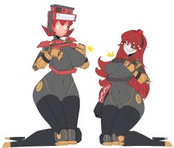 Rule 34 | 2girls, absurdres, breasts, dispenelope (diamond nella), gloves, highres, joints, large breasts, mimi-sentry (flyingpiggles), multiple girls, orange gloves, red hair, robot, robot joints, team fortress 2, thighs